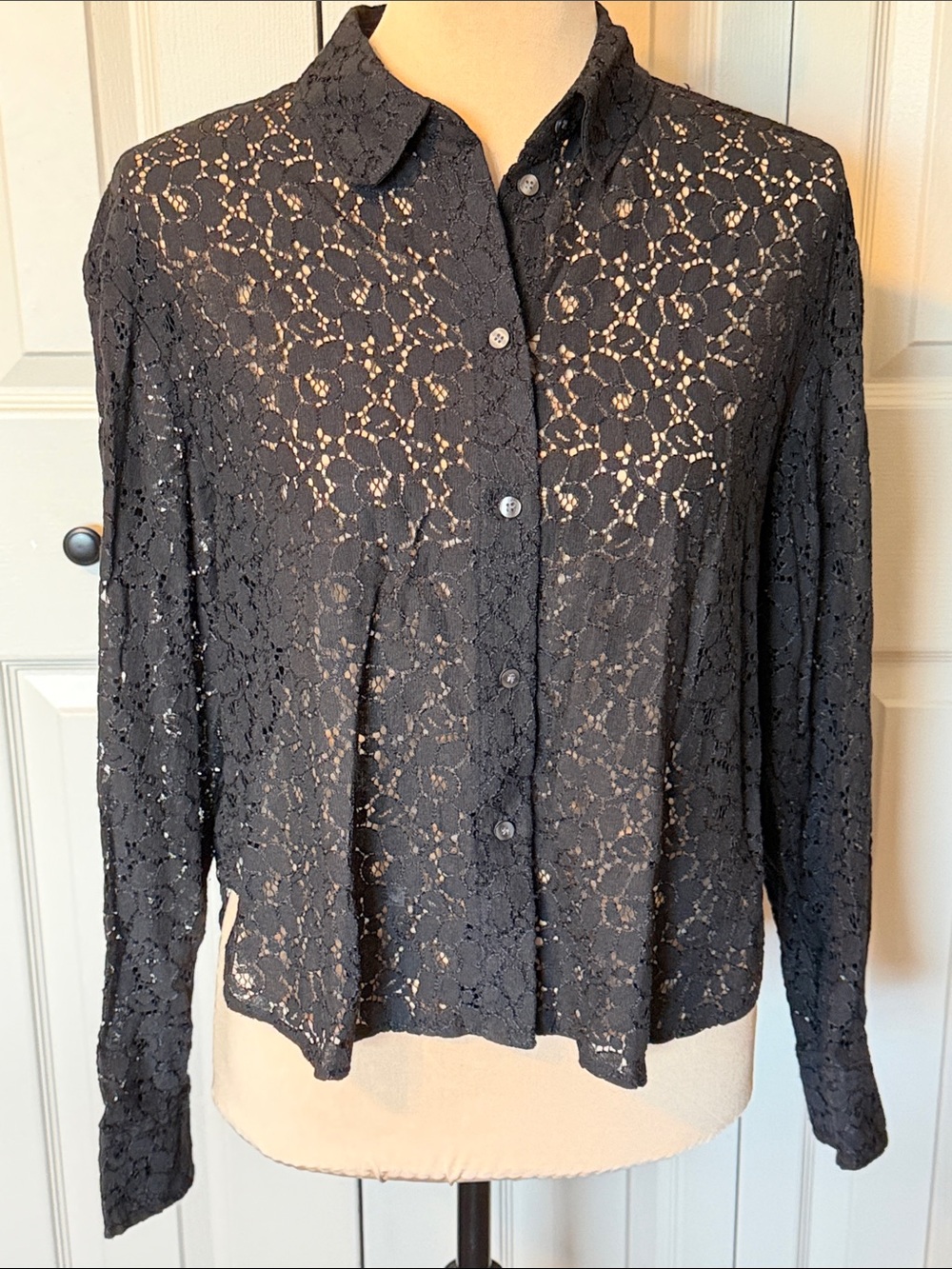 Gap Black Lace Long Sleeve Button Front Whimsigoth Shirt Women's Size Medium